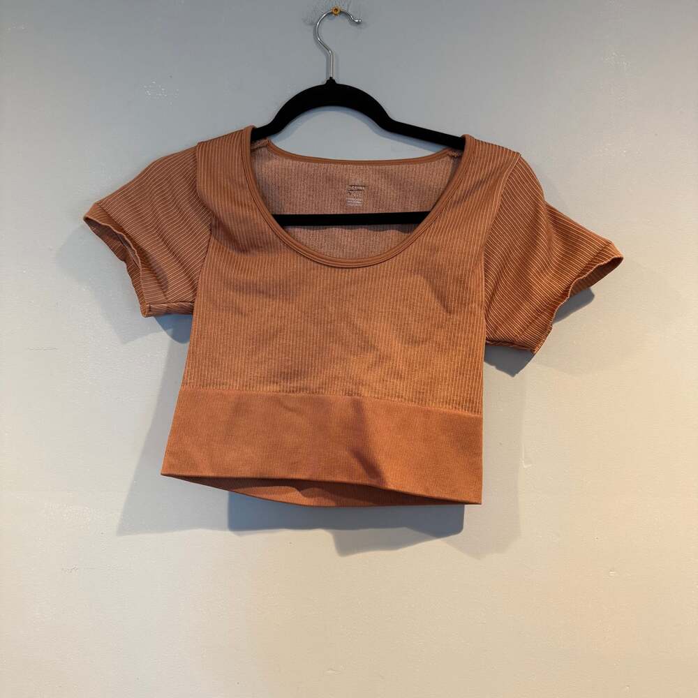 OFFLINE by Aerie Ribbed Short Sleeve Crop Top Brown Size Large